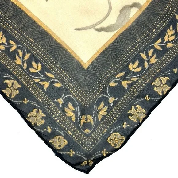 Silk Crepe Square Scarf Taupe Gray Floral Print Hand Rolled 41x41 inches - Picture 10 of 11